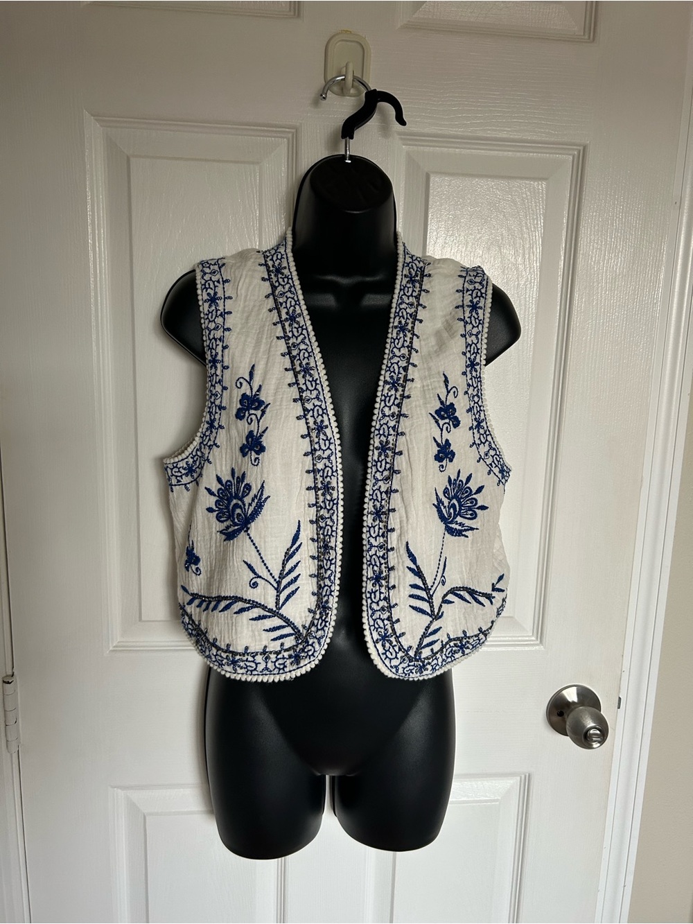 mercer & madison Cream Embroidered Open Front Vest with Blue Floral Detail